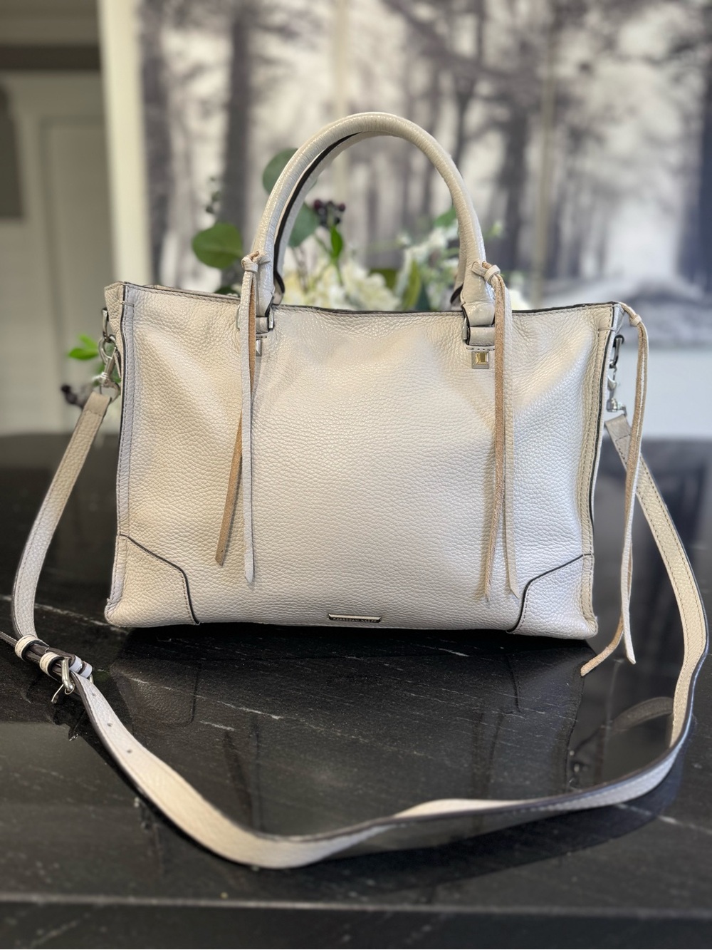 Rebecca Minkoff Regan Pebbled Leather Satchel Crossbody Bag Light Gray Cemento